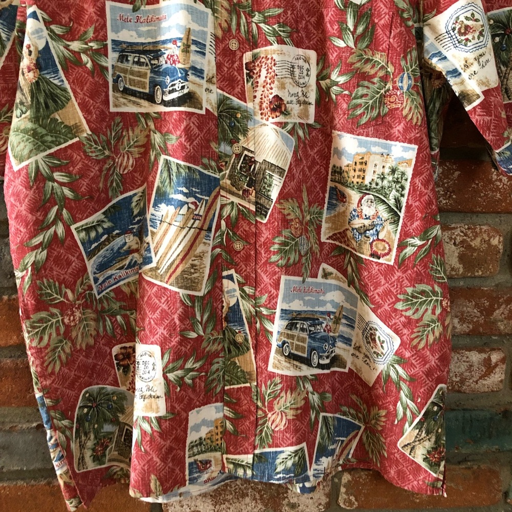 Reyn Spooner Mele Kalimaka Aloha Christmas Holiday Santa Postcard Hawaiian Shirt - Picture 4 of 11